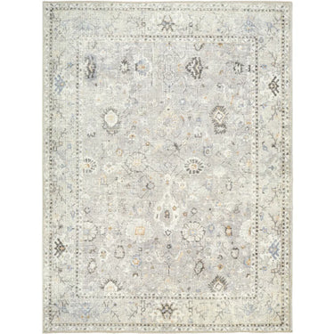 A traditional style area rug featuring a geometric pattern with blue-gray tones and decorative elements.